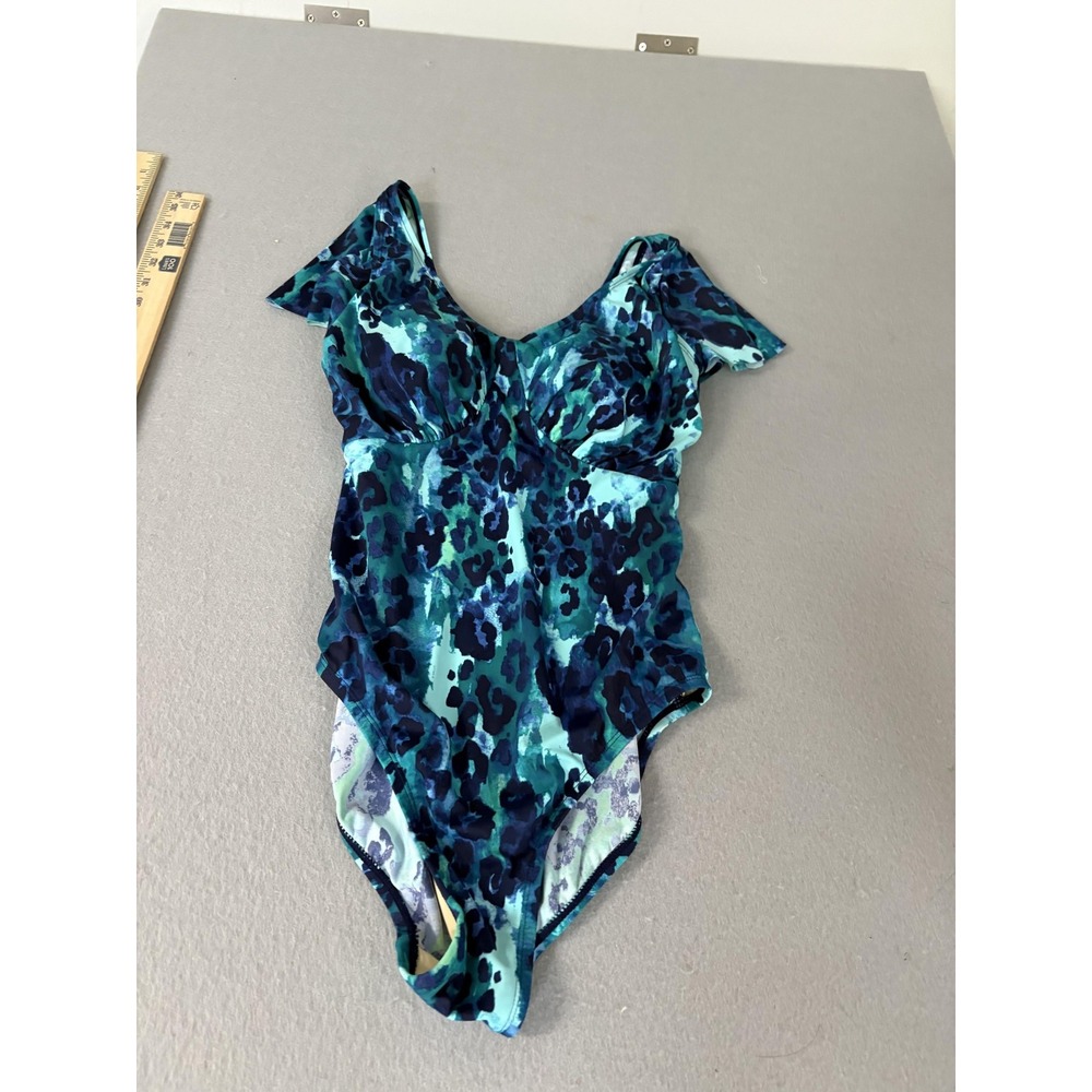 D&Co Beach Swimsuit Womens US 8 UK 12 Blue‎ Green Print One Piece Padded Cups